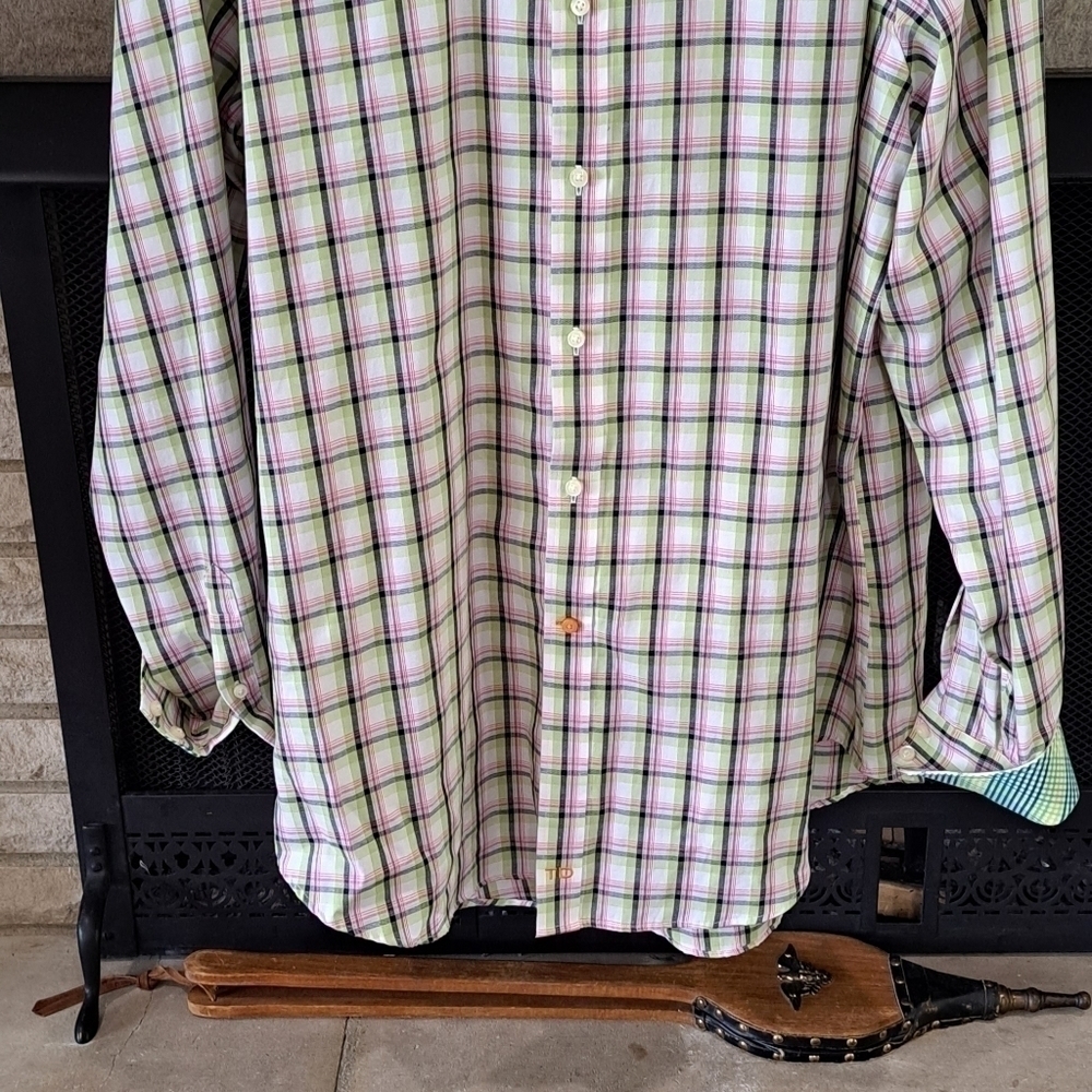 Thomas Dean Men's XL Flip Cuff Long Sleeve Shirt Gingham Plaid Cotton Dressy - Picture 2 of 12
